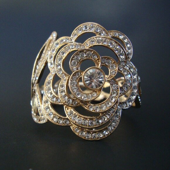 Vintage Gold Tone Clear Crystal Gemstone Hinged Cuff Bracelet - Picture 2 of 9